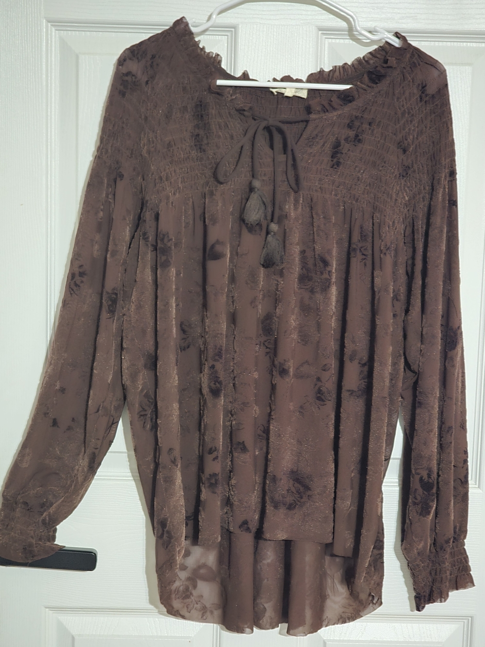 Mystree Brown Floral Tie-Neck Peasant Blouse